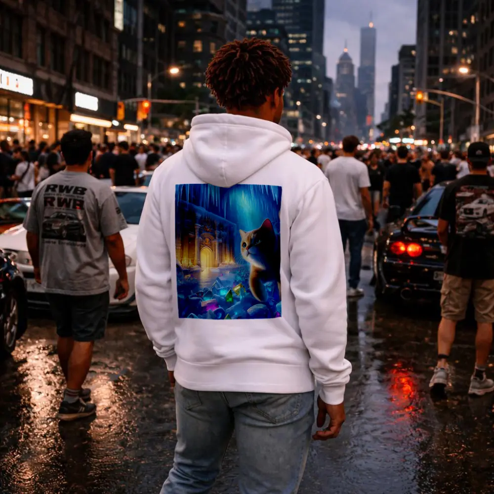 Cute Cat Exploring Frozen Crystal Ice Palace – Hoodies
