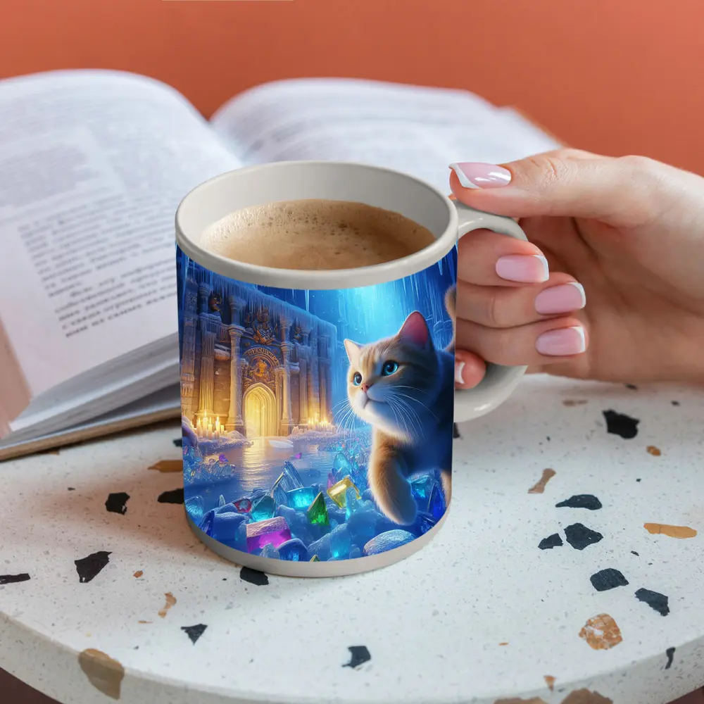 Cute Cat Exploring Frozen Crystal Ice Palace – Mugs