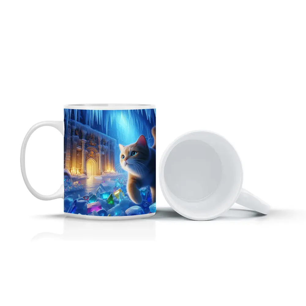 Cute Cat Exploring Frozen Crystal Ice Palace – Mugs