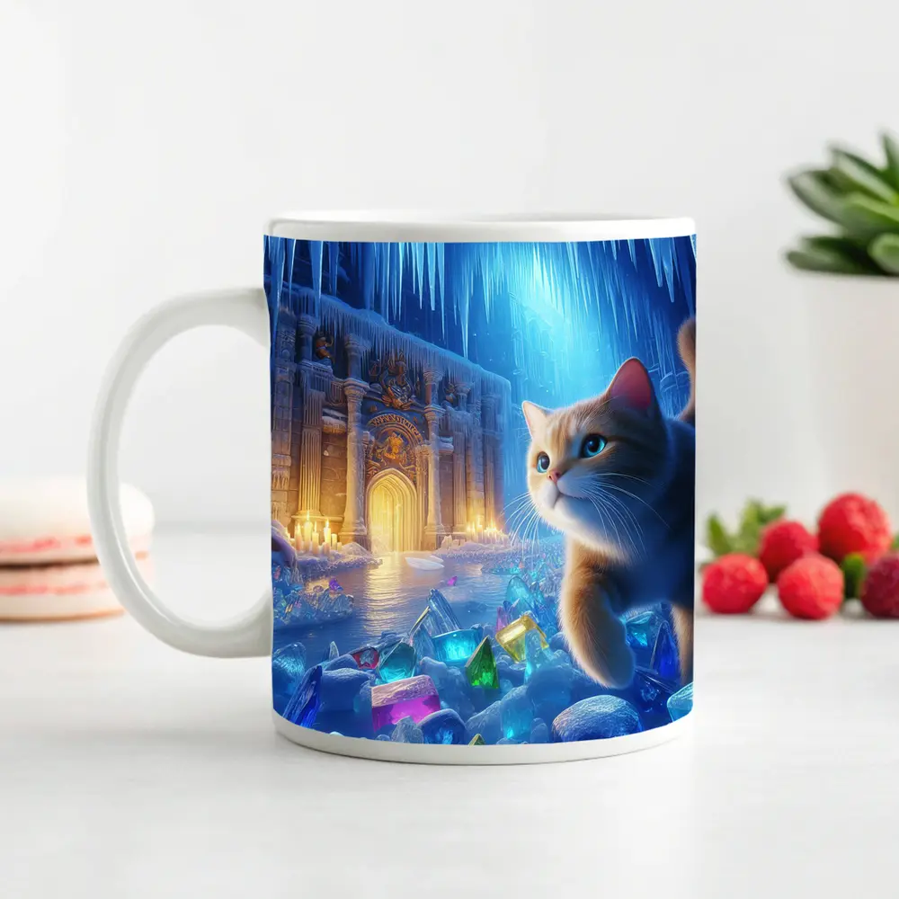 Cute Cat Exploring Frozen Crystal Ice Palace – Mugs