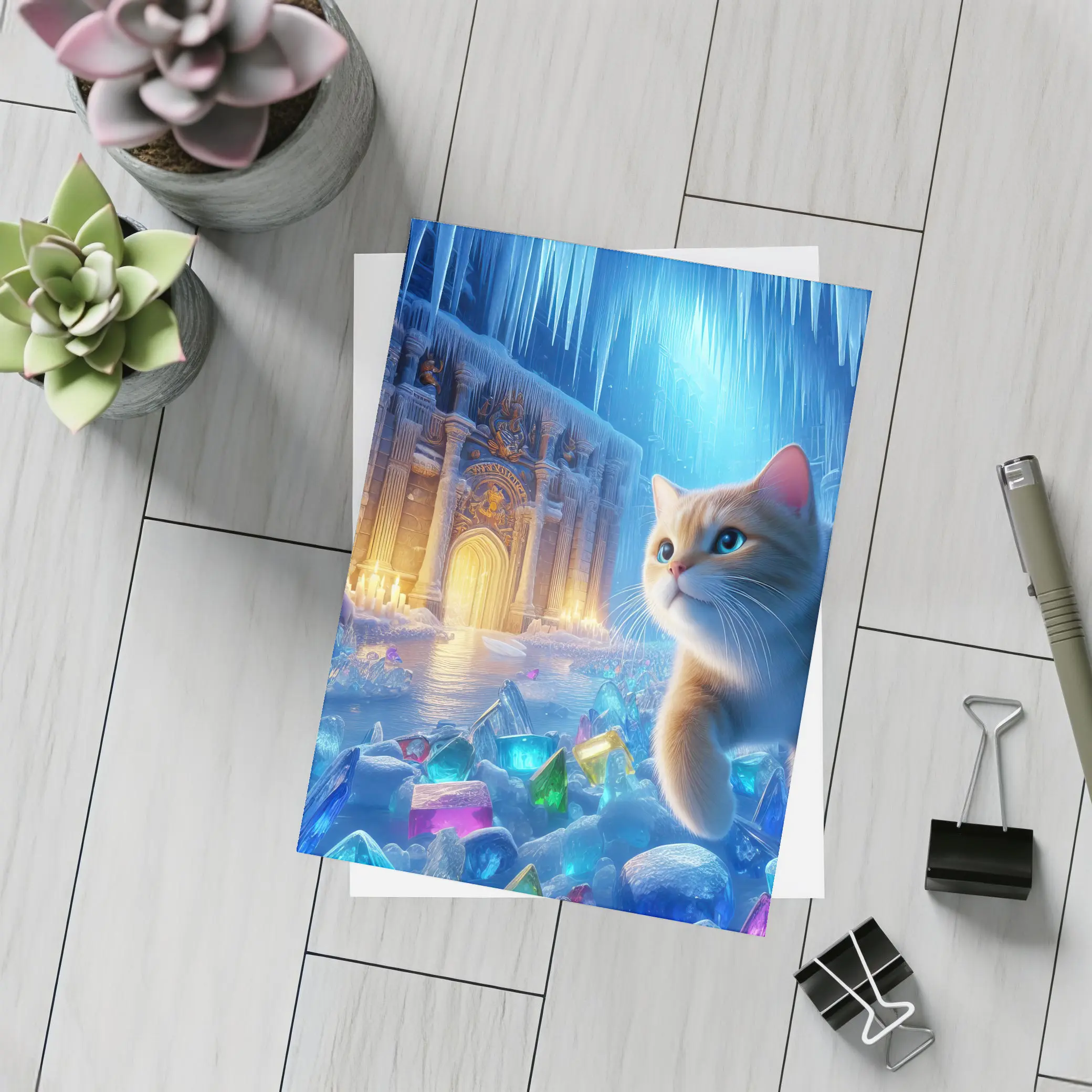 Cute Cat Exploring Frozen Crystal Ice Palace – Postcards