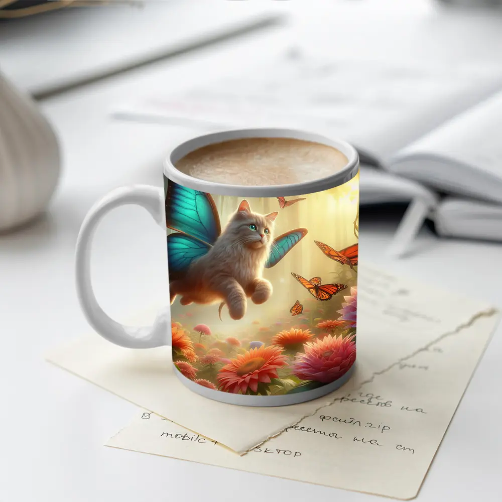 Fantasy Cat Butterfly Wings Floral Forest – Mugs