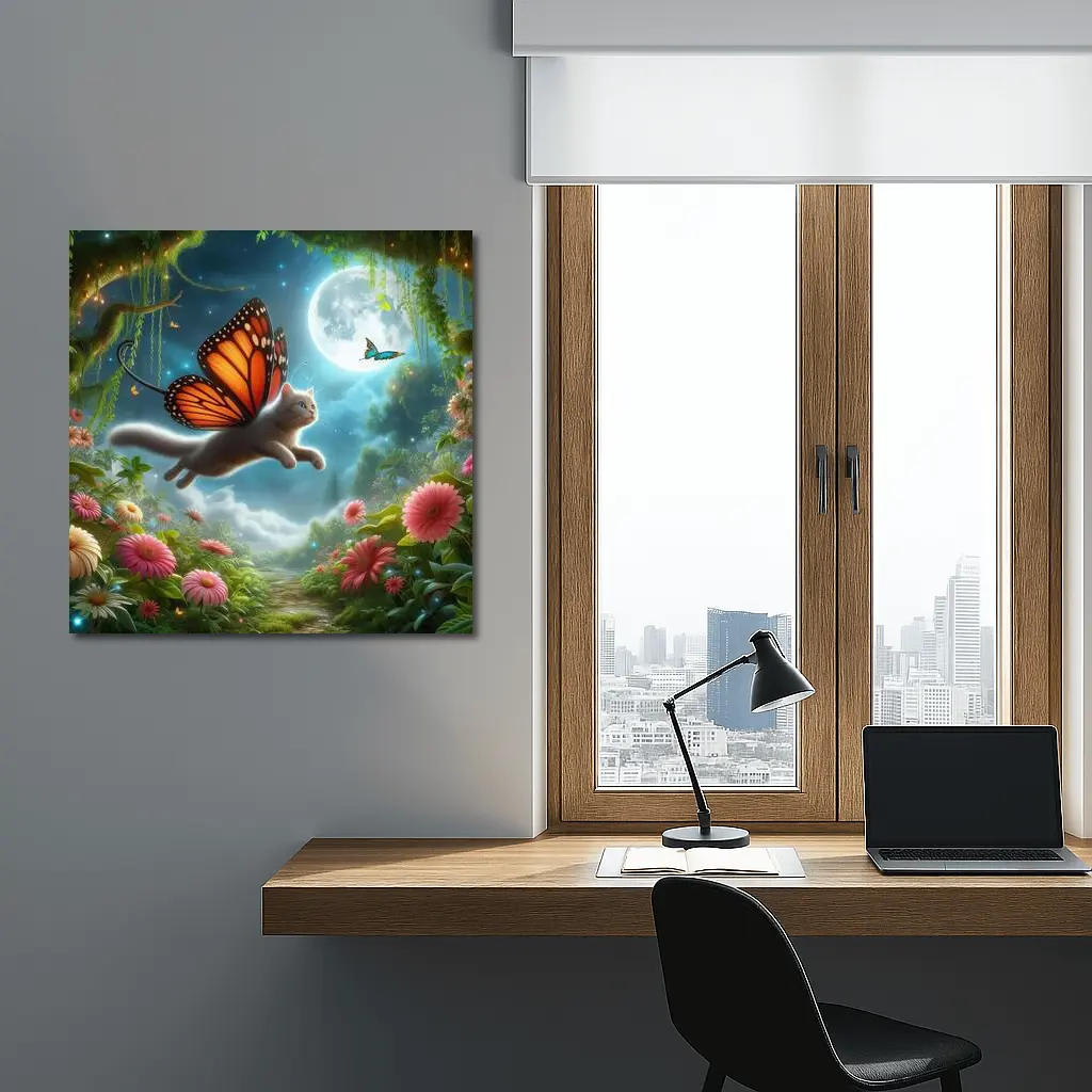Gray Cat Butterfly Wings Fantasy Moon Garden – Wall Art