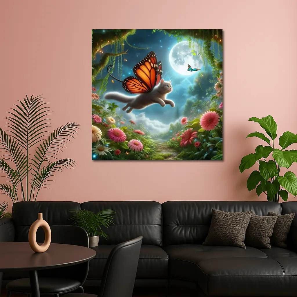 Gray Cat Butterfly Wings Fantasy Moon Garden – Wall Art