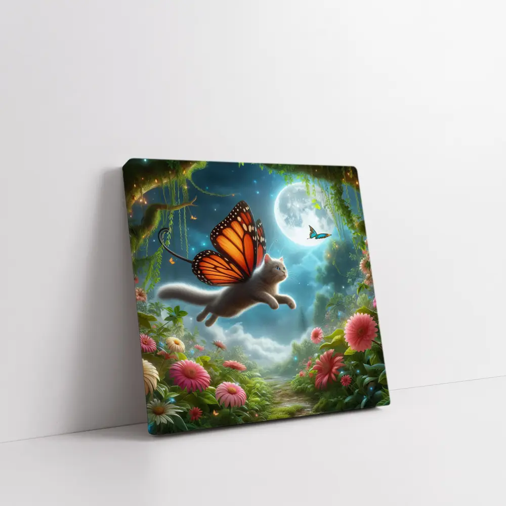 Gray Cat Butterfly Wings Fantasy Moon Garden – Wall Art