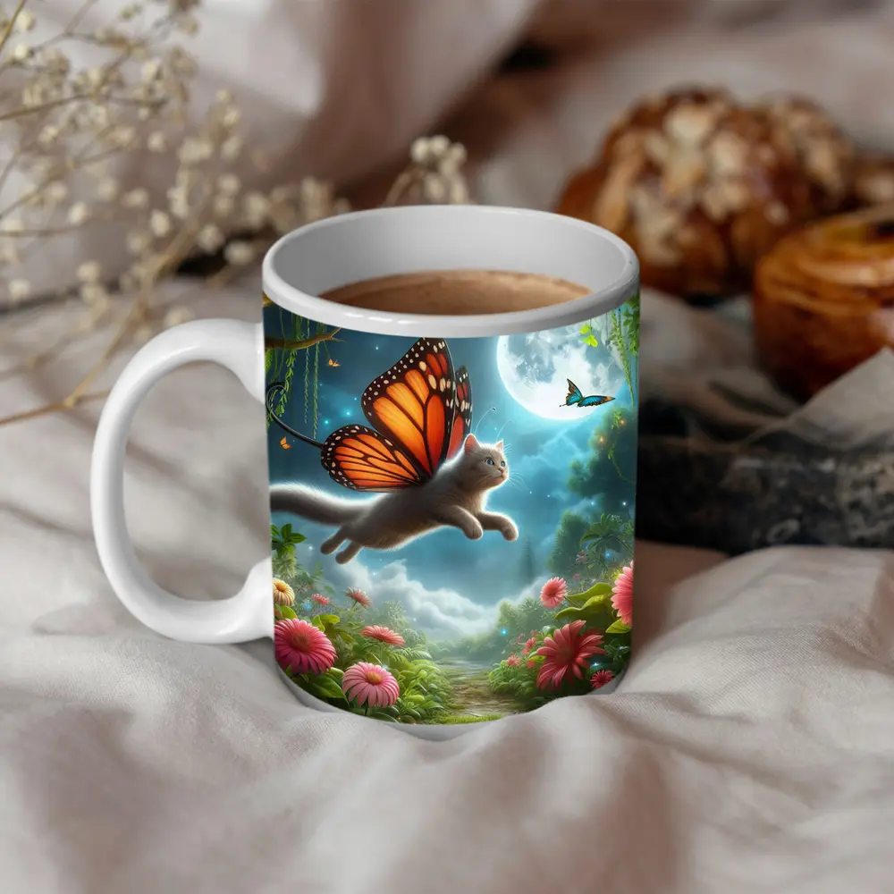 Gray Cat Butterfly Wings Fantasy Moon Garden – Mugs