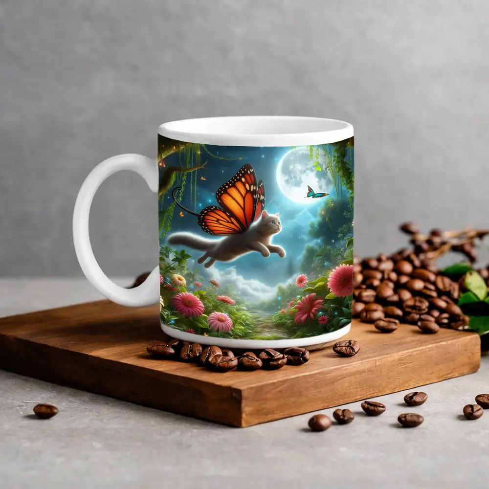 Gray Cat Butterfly Wings Fantasy Moon Garden – Mugs
