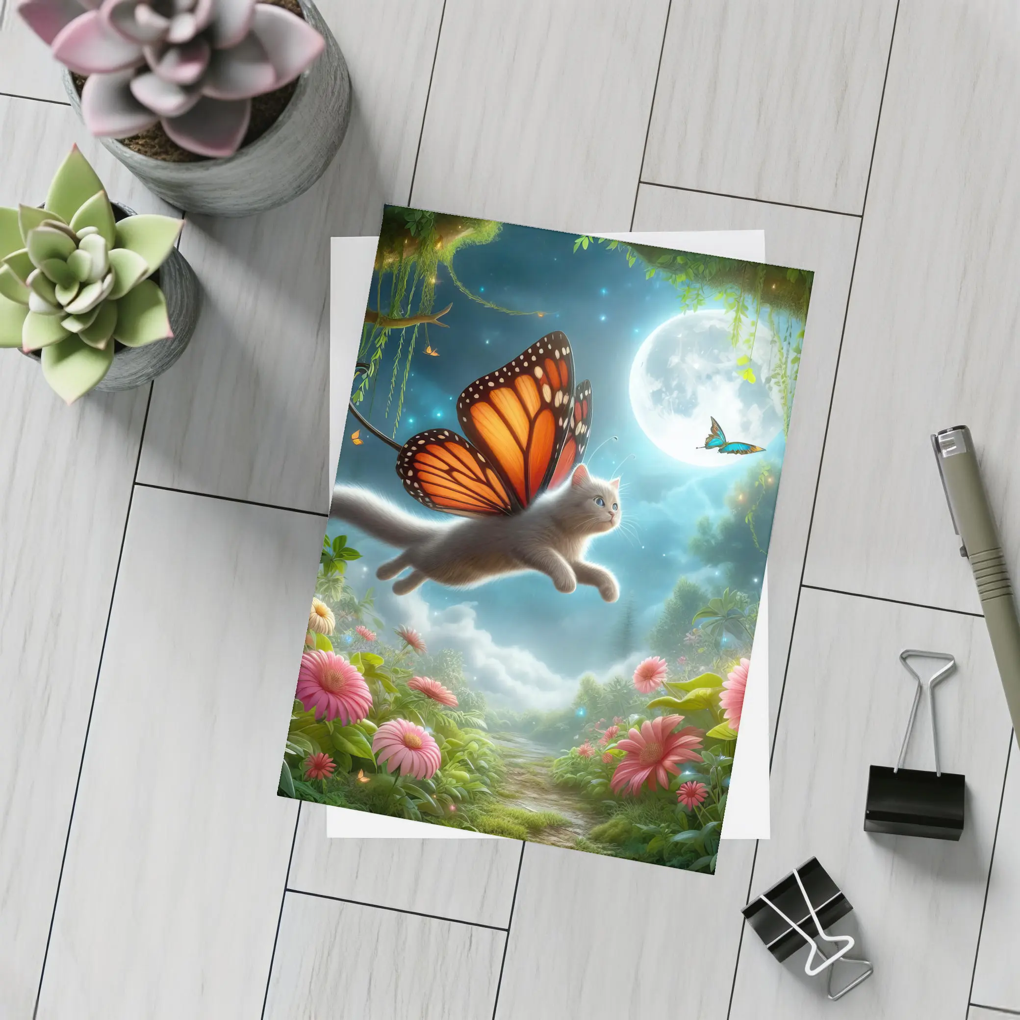 Gray Cat Butterfly Wings Fantasy Moon Garden – Postcards