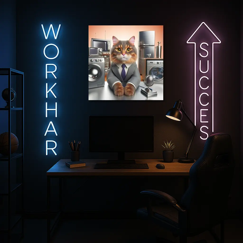 Gray Cat in Suit Surrounded by Appliances – Wall Art