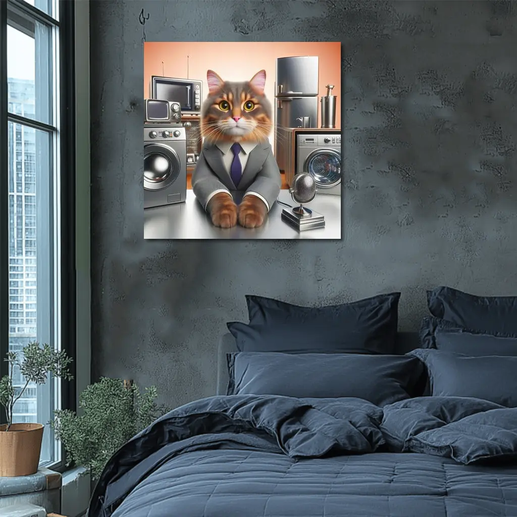 Gray Cat in Suit Surrounded by Appliances – Wall Art