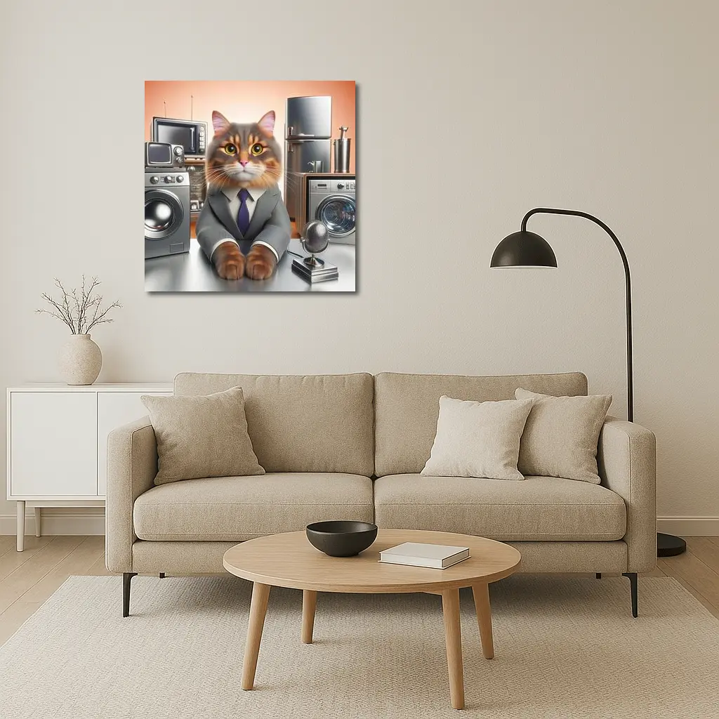 Gray Cat in Suit Surrounded by Appliances – Wall Art