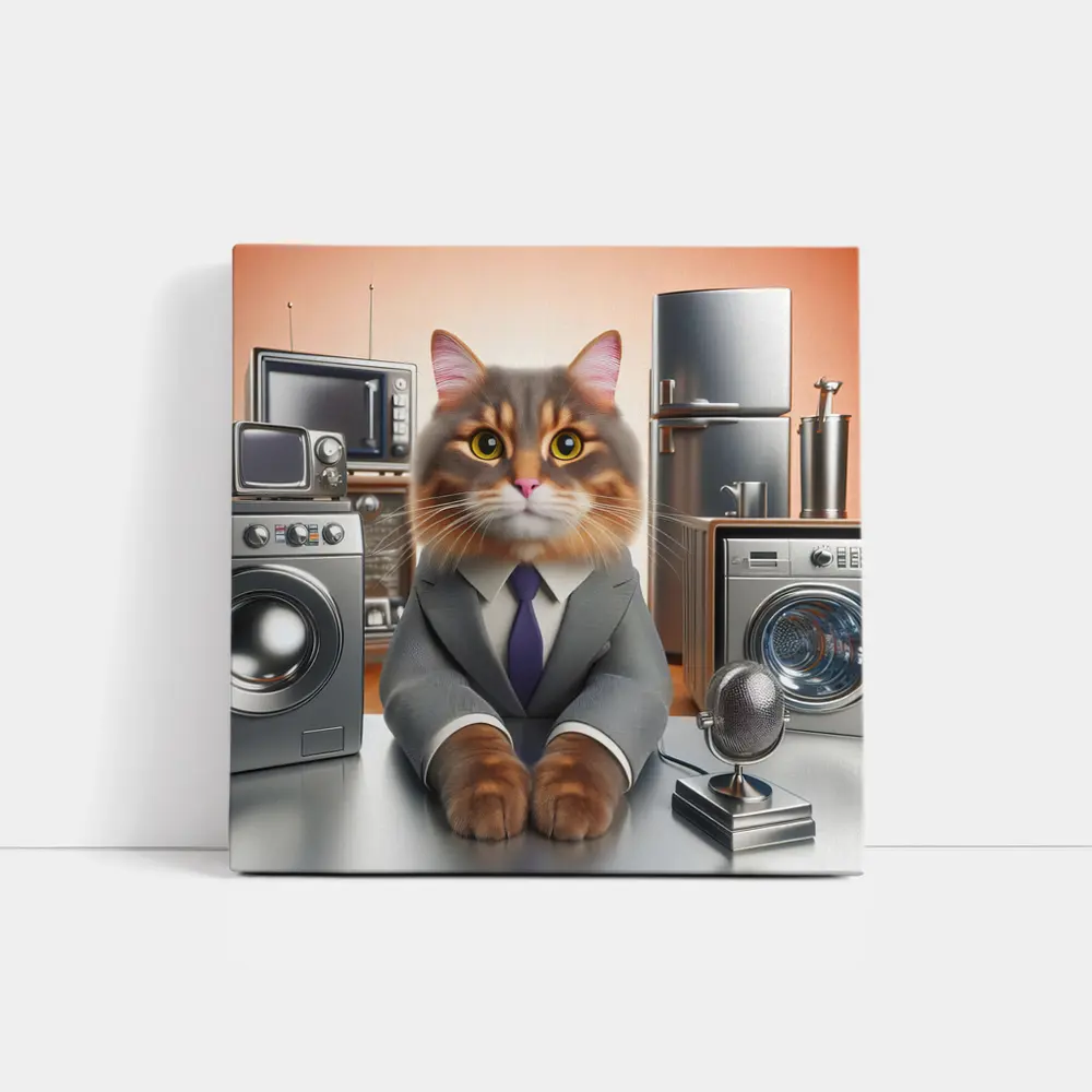 Gray Cat in Suit Surrounded by Appliances – Wall Art