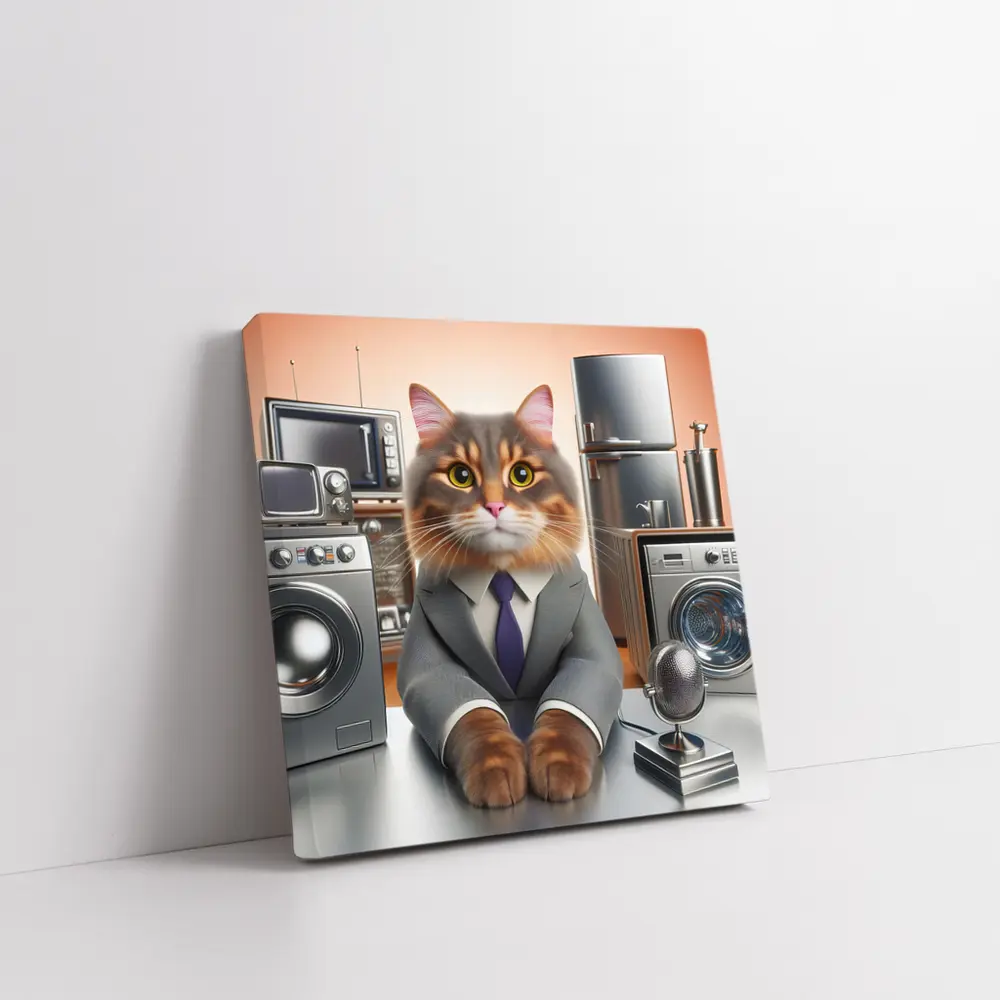 Gray Cat in Suit Surrounded by Appliances – Wall Art