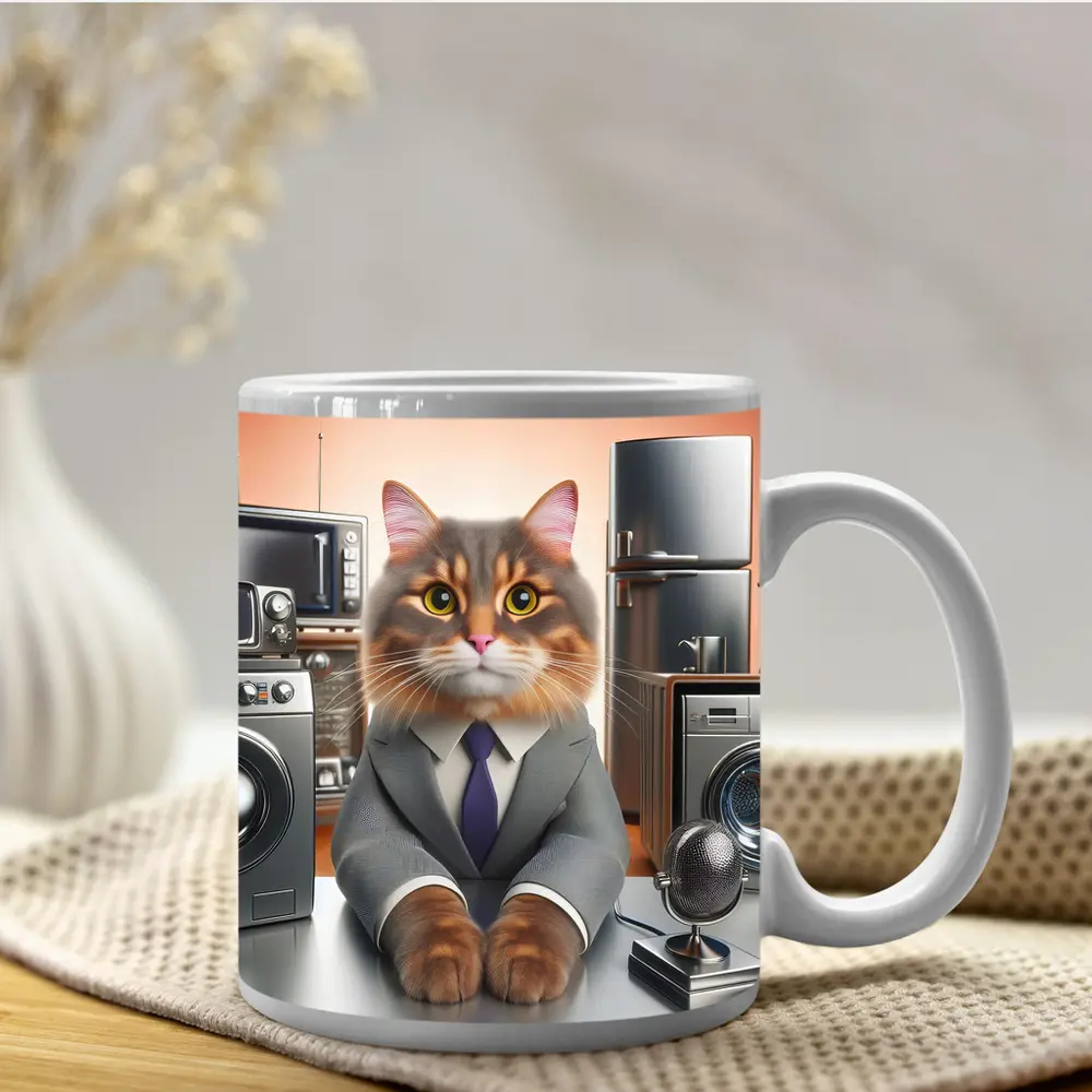 Gray Cat in Suit Surrounded by Appliances – Mugs