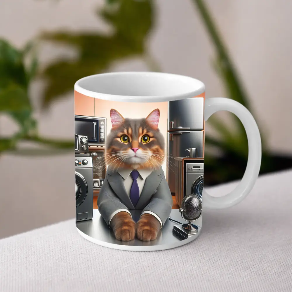Gray Cat in Suit Surrounded by Appliances – Mugs