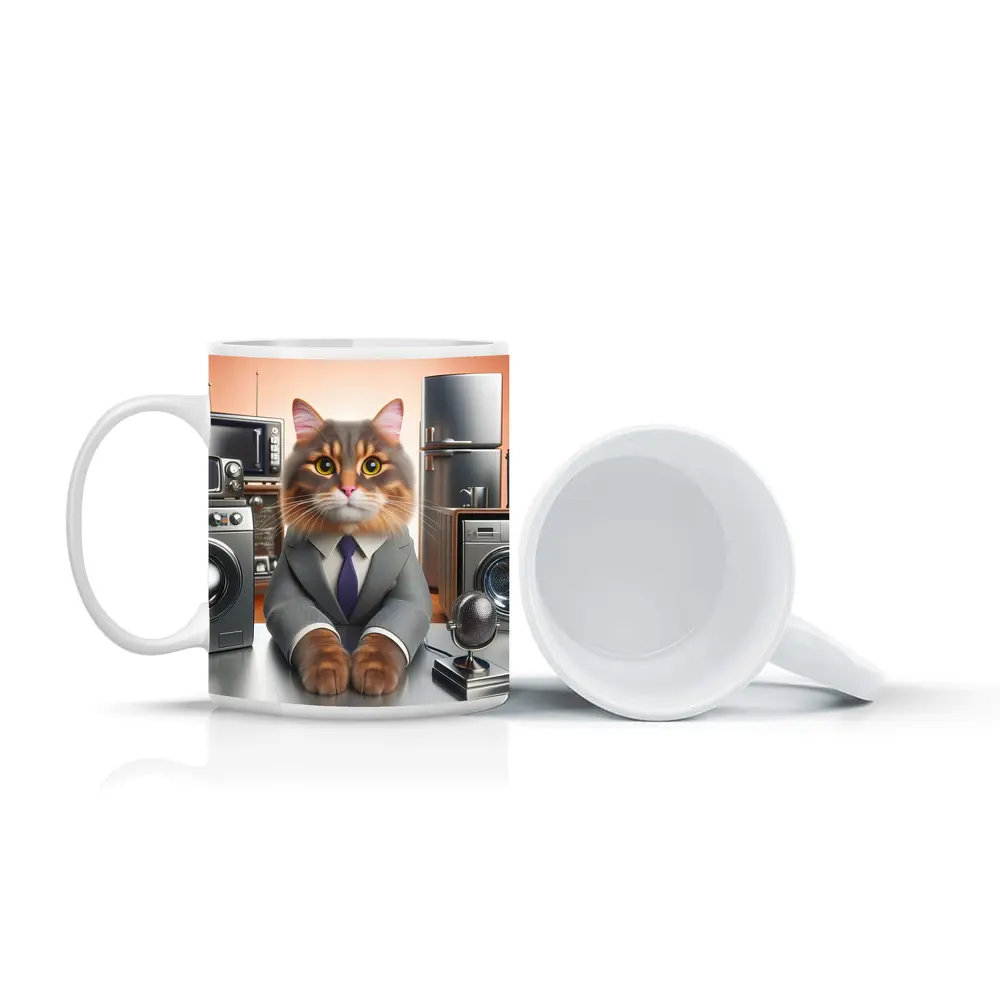 Gray Cat in Suit Surrounded by Appliances – Mugs