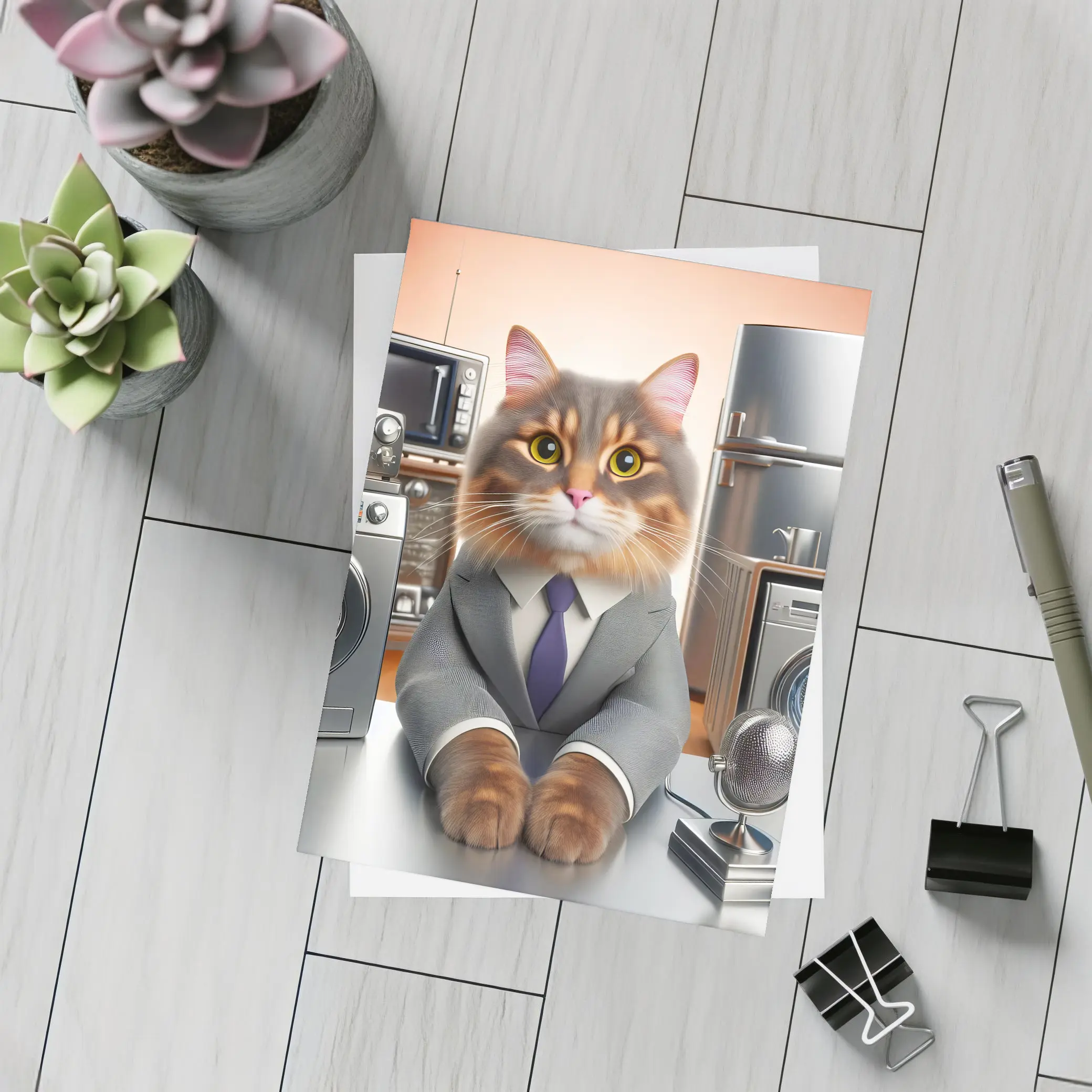 Gray Cat in Suit Surrounded by Appliances – Postcards