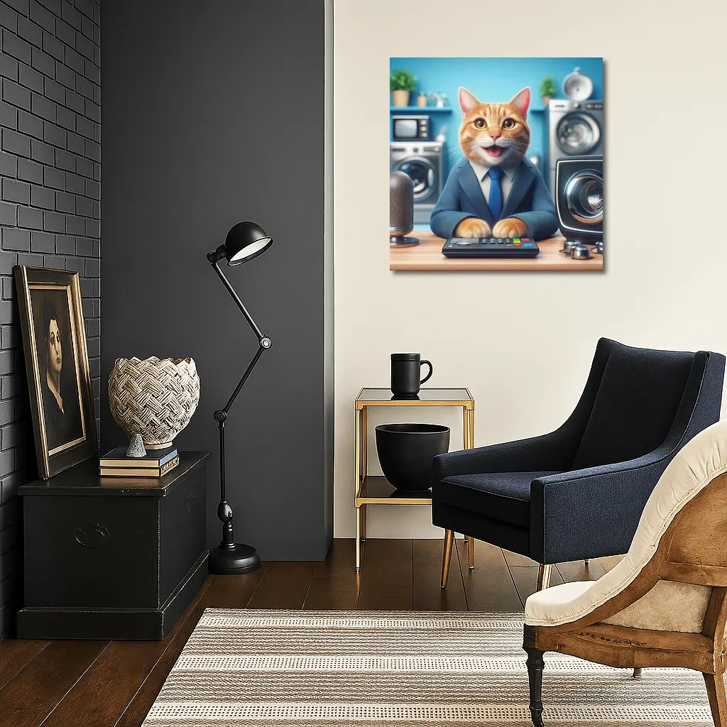 Orange Cat in Suit at Office Desk – Wall Art