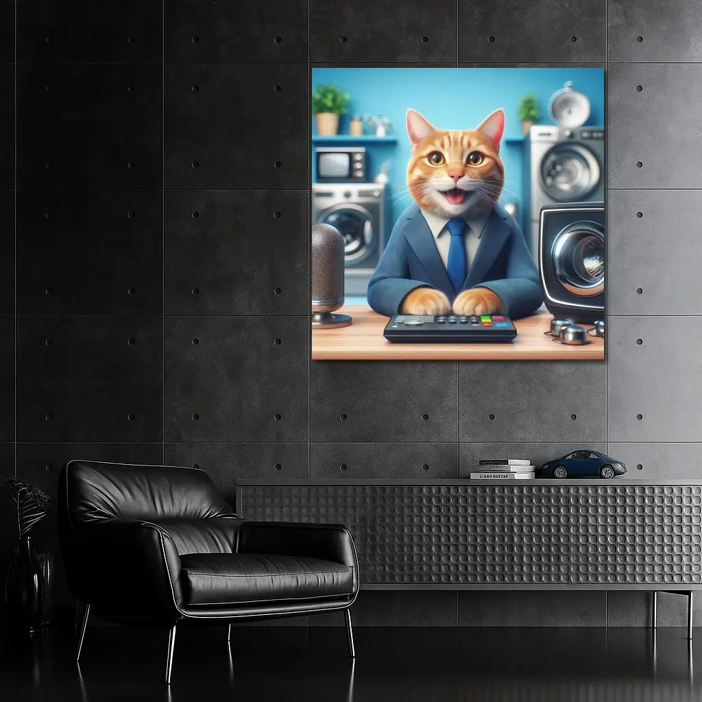 Orange Cat in Suit at Office Desk – Wall Art