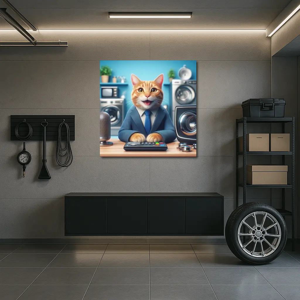 Orange Cat in Suit at Office Desk – Wall Art