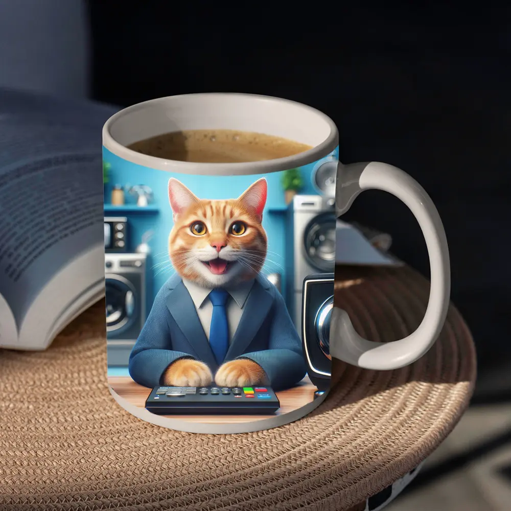 Orange Cat in Suit at Office Desk – Mugs