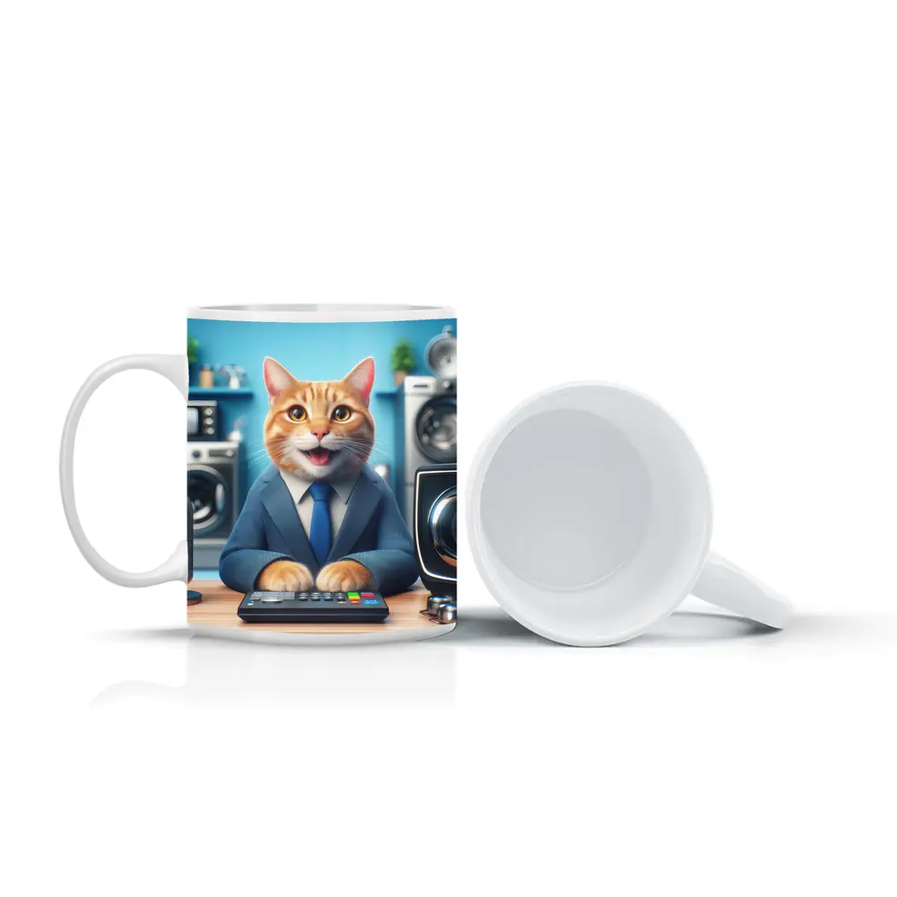 Orange Cat in Suit at Office Desk – Mugs