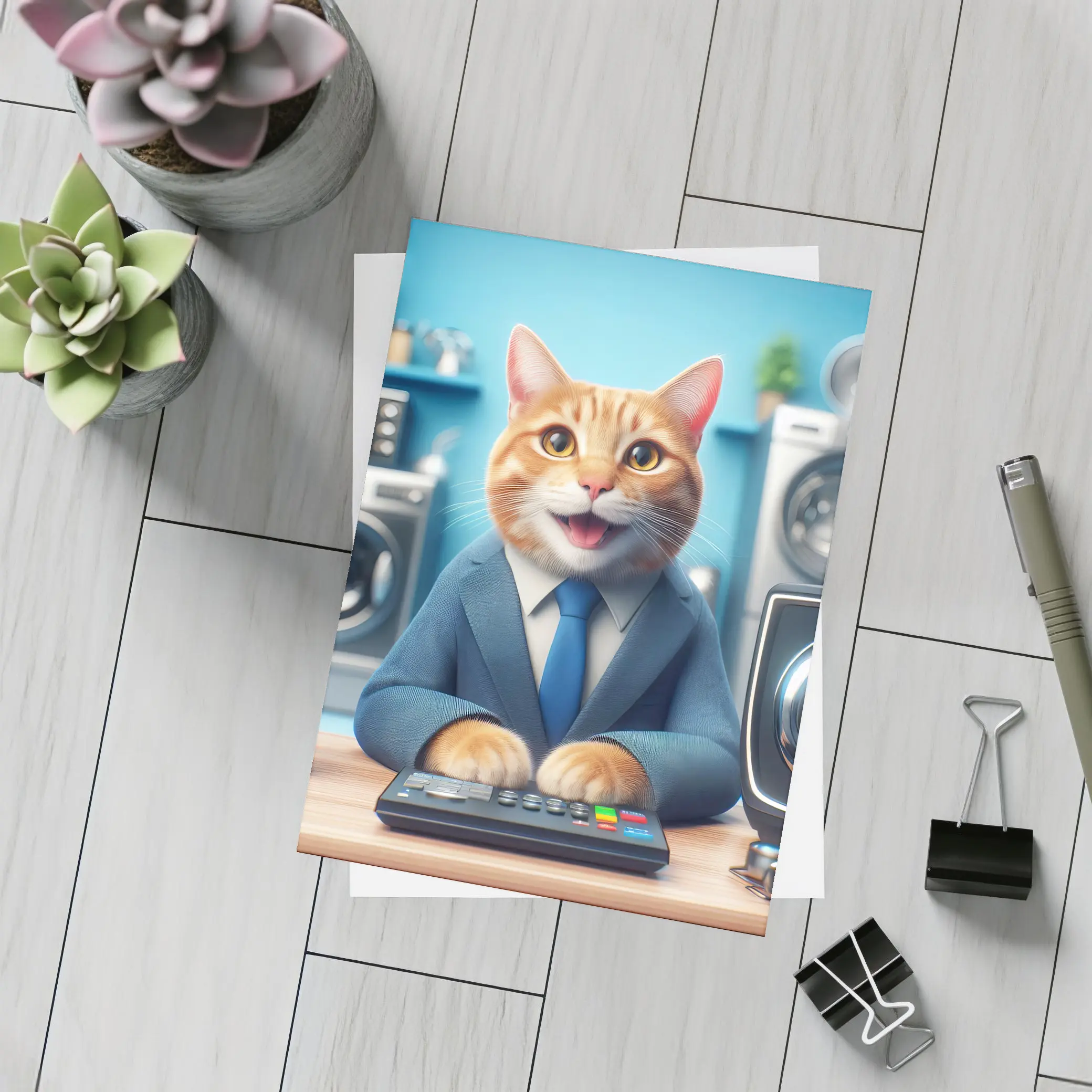 Orange Cat in Suit at Office Desk – Postcards