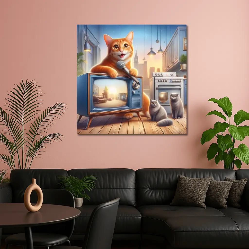 Orange Tabby Cat Singing Retro TV Kitchen – Wall Art