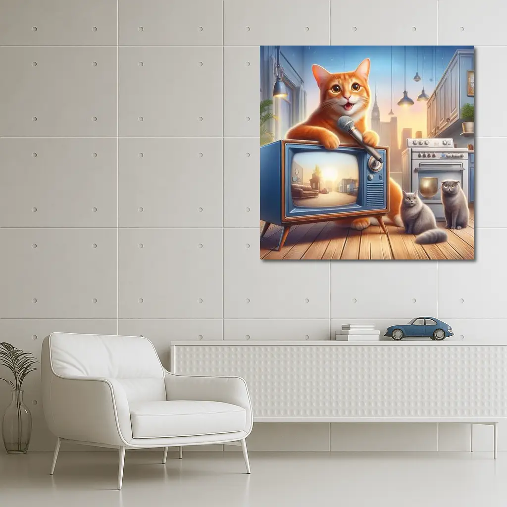 Orange Tabby Cat Singing Retro TV Kitchen – Wall Art