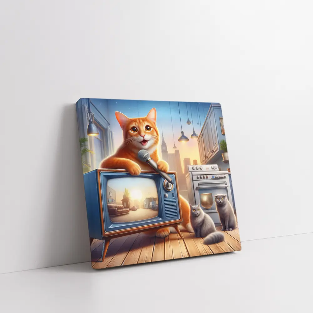 Orange Tabby Cat Singing Retro TV Kitchen – Wall Art