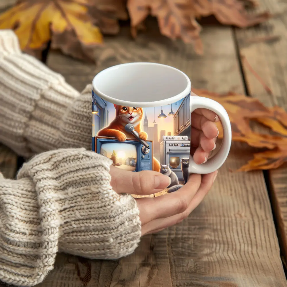 Orange Tabby Cat Singing Retro TV Kitchen – Mugs