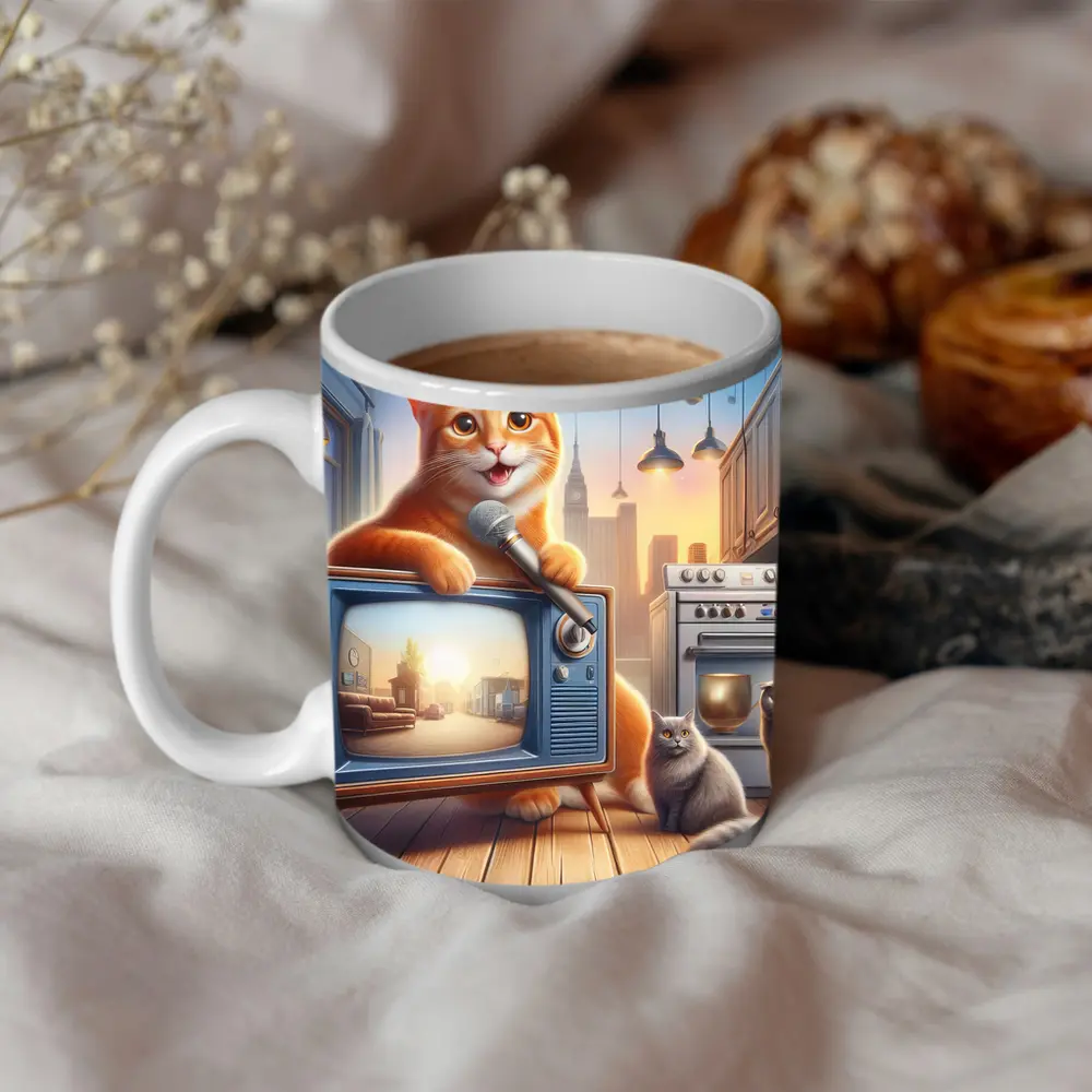 Orange Tabby Cat Singing Retro TV Kitchen – Mugs