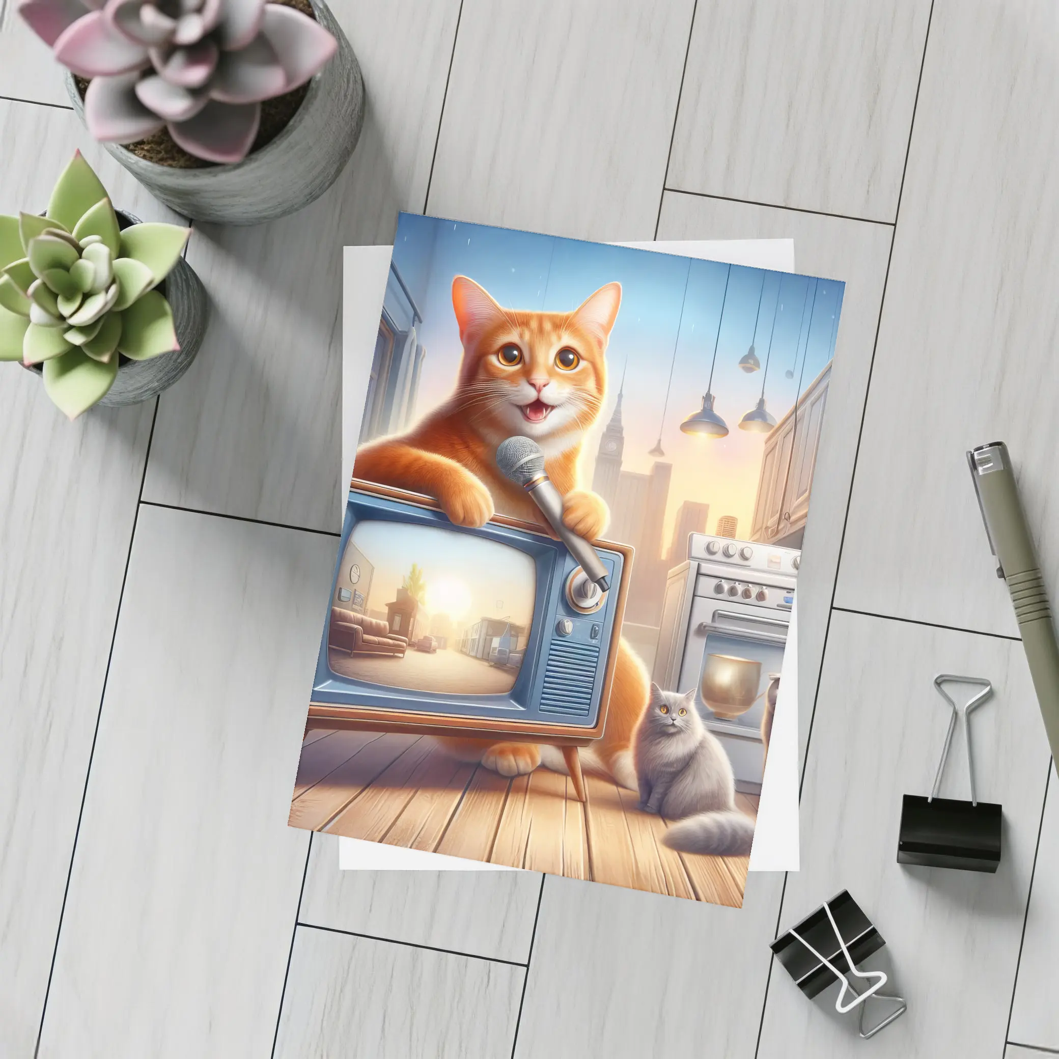 Orange Tabby Cat Singing Retro TV Kitchen – Postcards