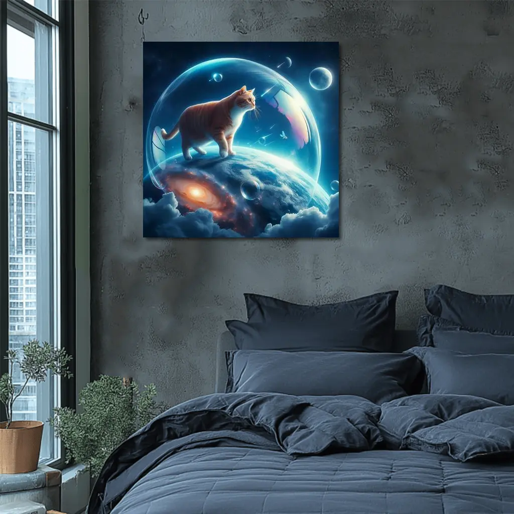 Orange Cat Standing on Cosmic Planet Space – Wall Art