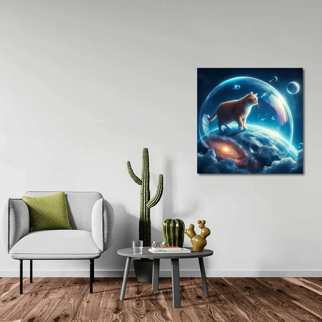 Orange Cat Standing on Cosmic Planet Space – Wall Art