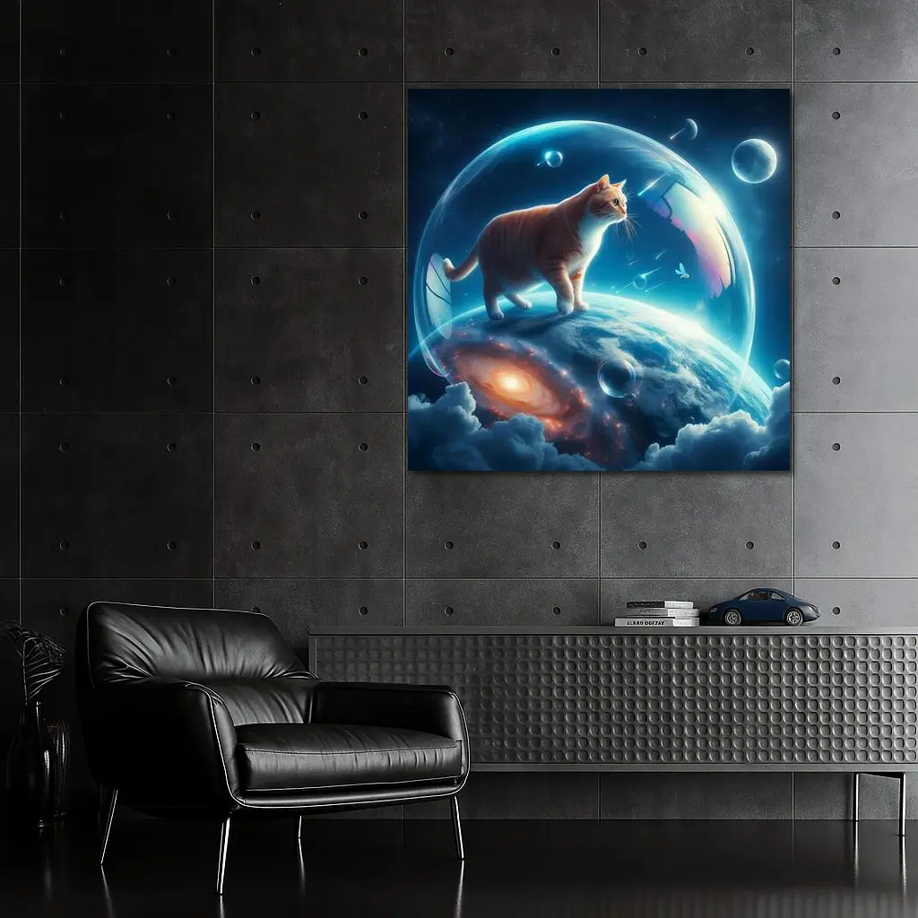Orange Cat Standing on Cosmic Planet Space – Wall Art