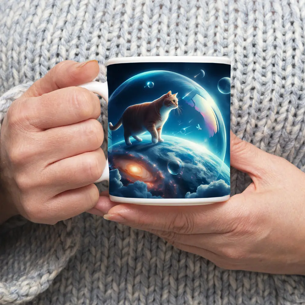 Orange Cat Standing on Cosmic Planet Space – Mugs
