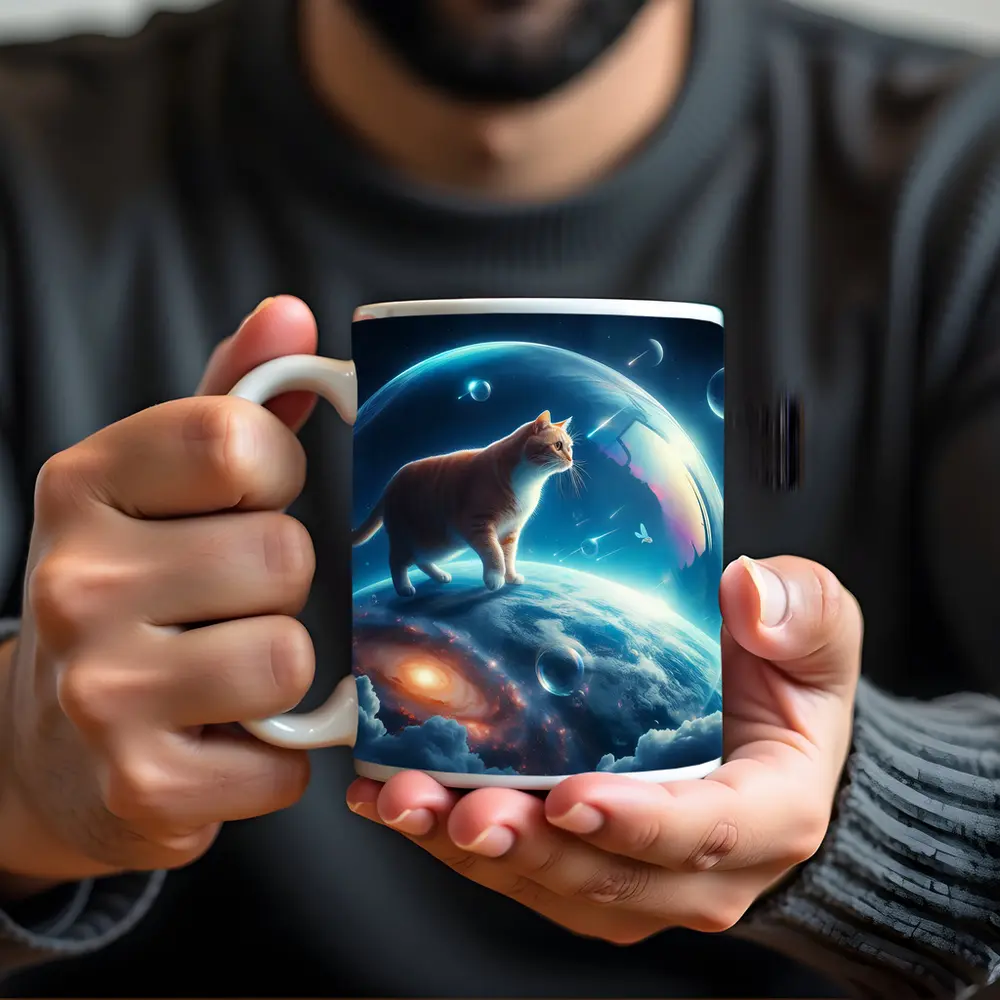 Orange Cat Standing on Cosmic Planet Space – Mugs