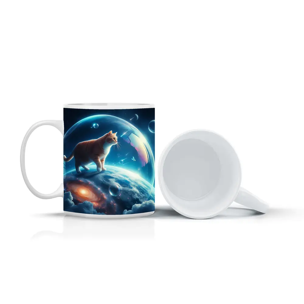 Orange Cat Standing on Cosmic Planet Space – Mugs