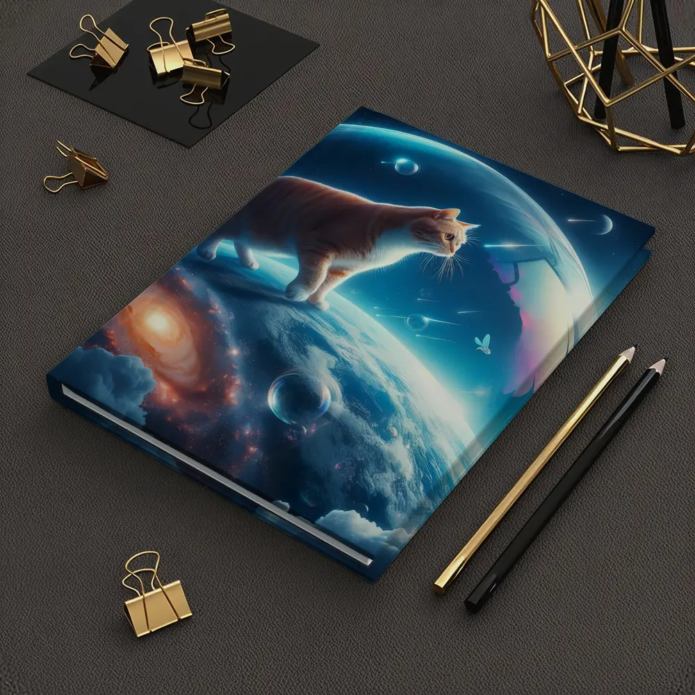 Orange Cat Standing on Cosmic Planet Space – Notebooks