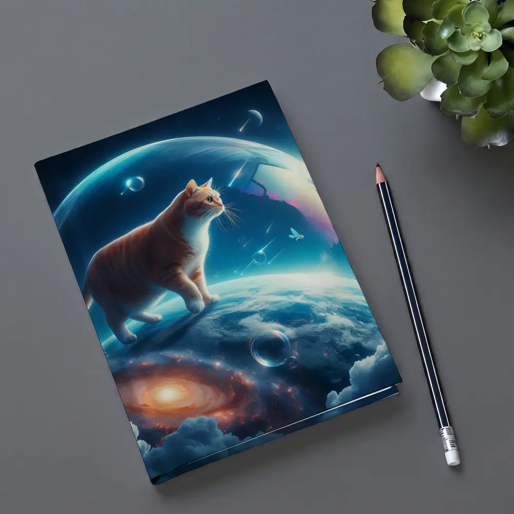 Orange Cat Standing on Cosmic Planet Space – Notebooks