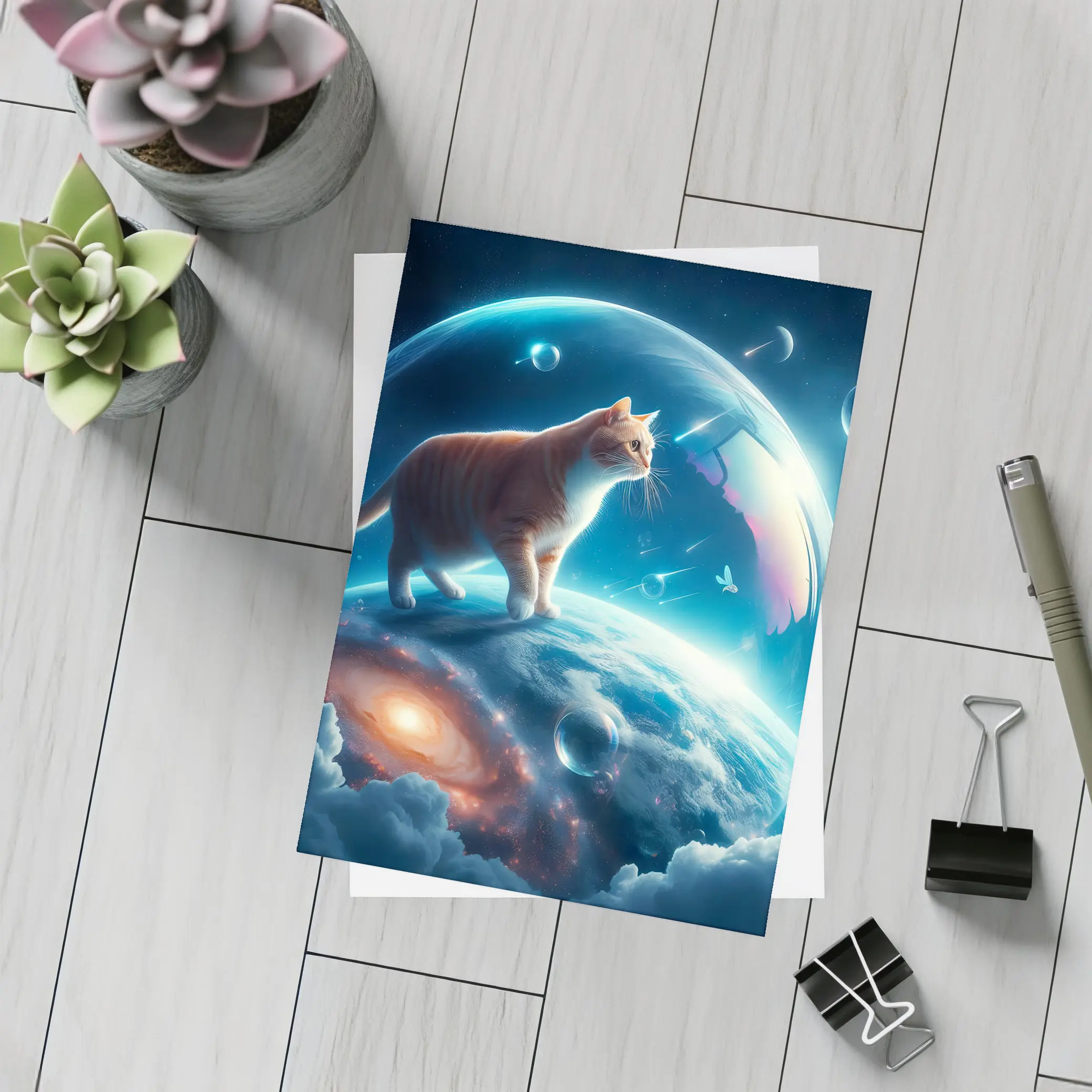 Orange Cat Standing on Cosmic Planet Space – Postcards