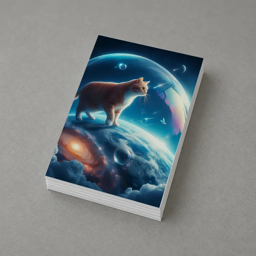 Orange Cat Standing on Cosmic Planet Space – Postcards