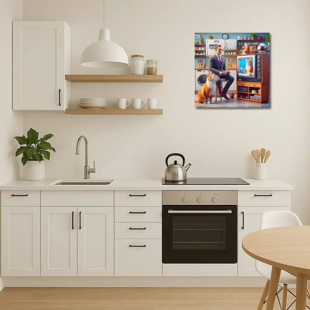 Ginger Cat Man Retro Kitchen Scene – Wall Art