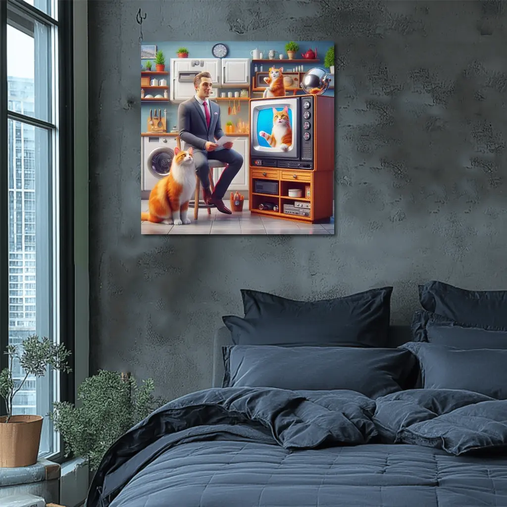 Ginger Cat Man Retro Kitchen Scene – Wall Art