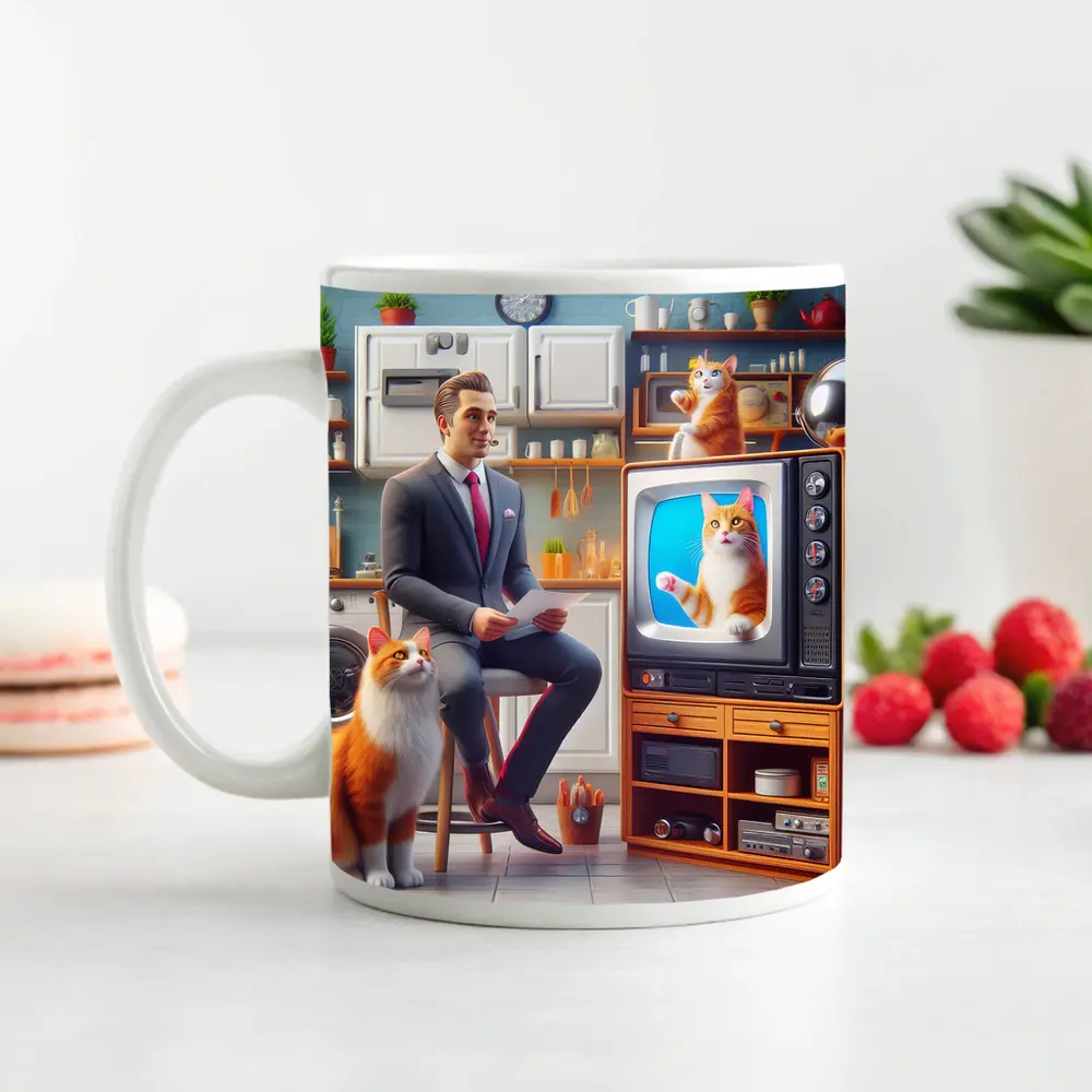Ginger Cat Man Retro Kitchen Scene – Mugs