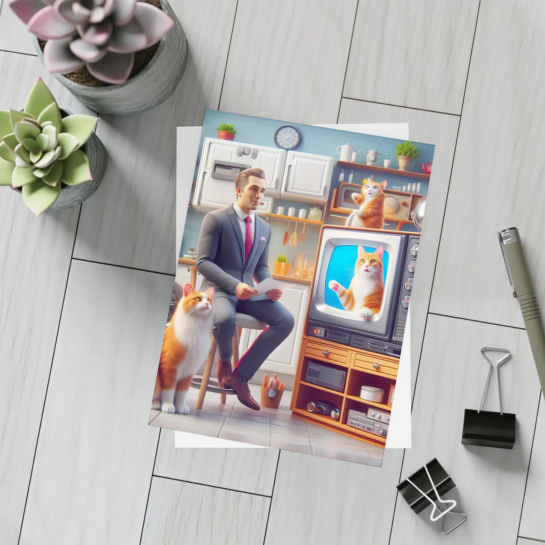 Ginger Cat Man Retro Kitchen Scene – Postcards