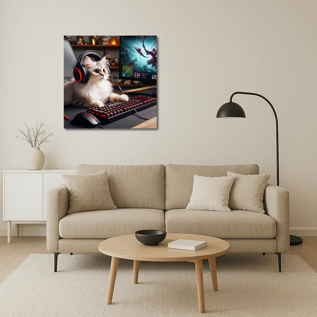 Fluffy Cat Gaming Setup Red Keyboard – Wall Art