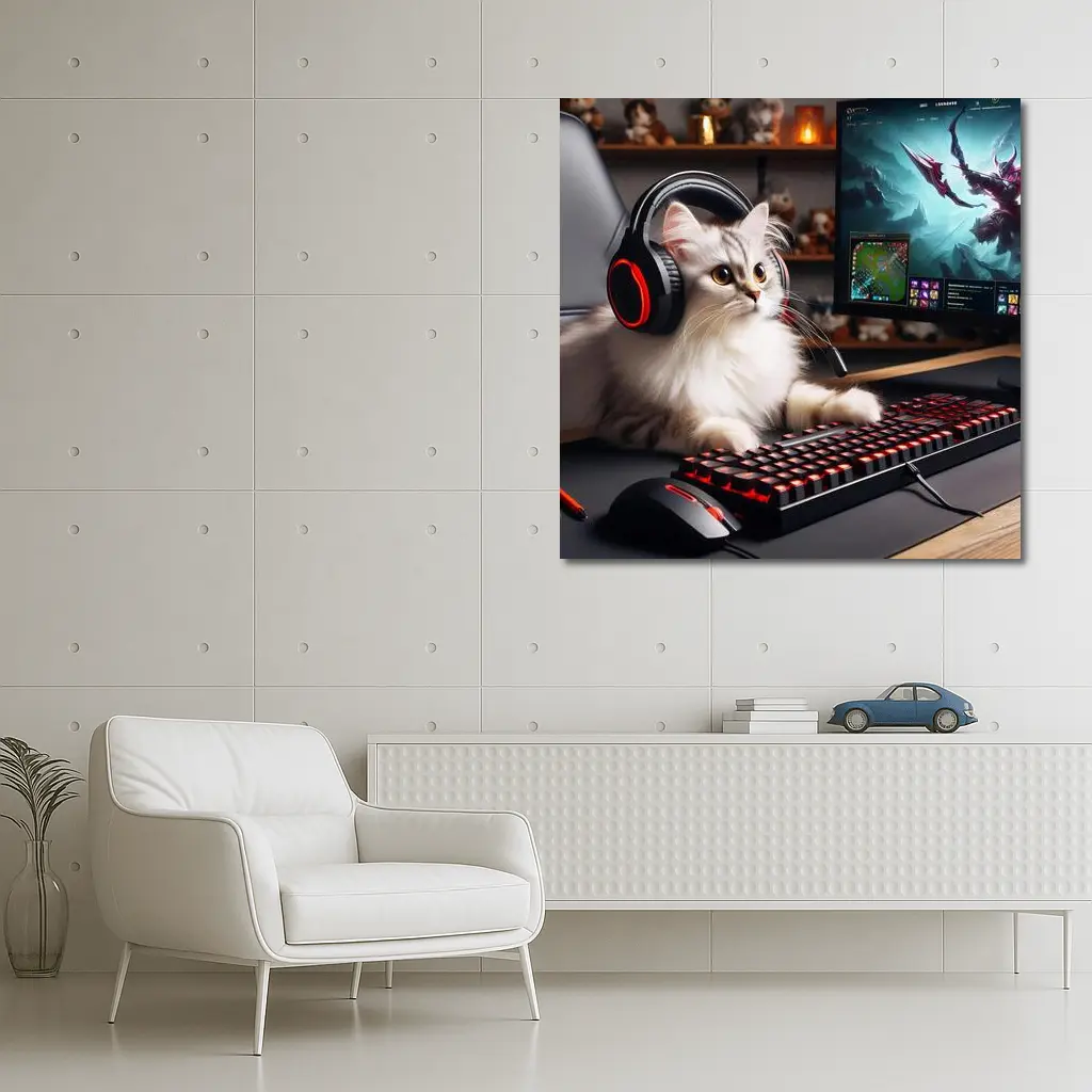 Fluffy Cat Gaming Setup Red Keyboard – Wall Art