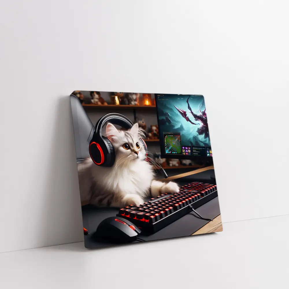 Fluffy Cat Gaming Setup Red Keyboard – Wall Art